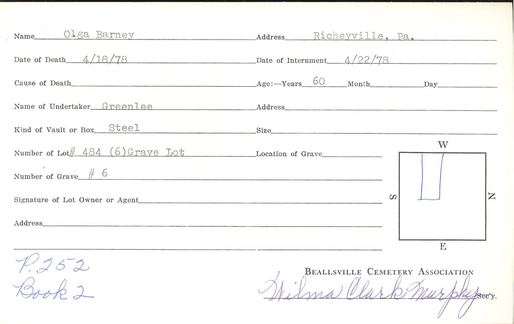 Olga Barney burial card